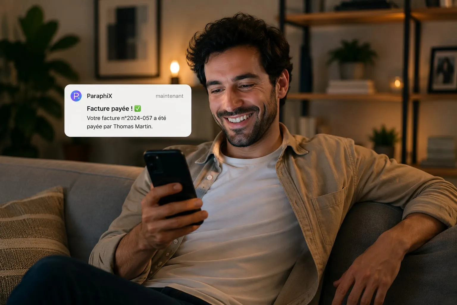 Un artisan reçoit la notification « facture payée » sur son téléphone