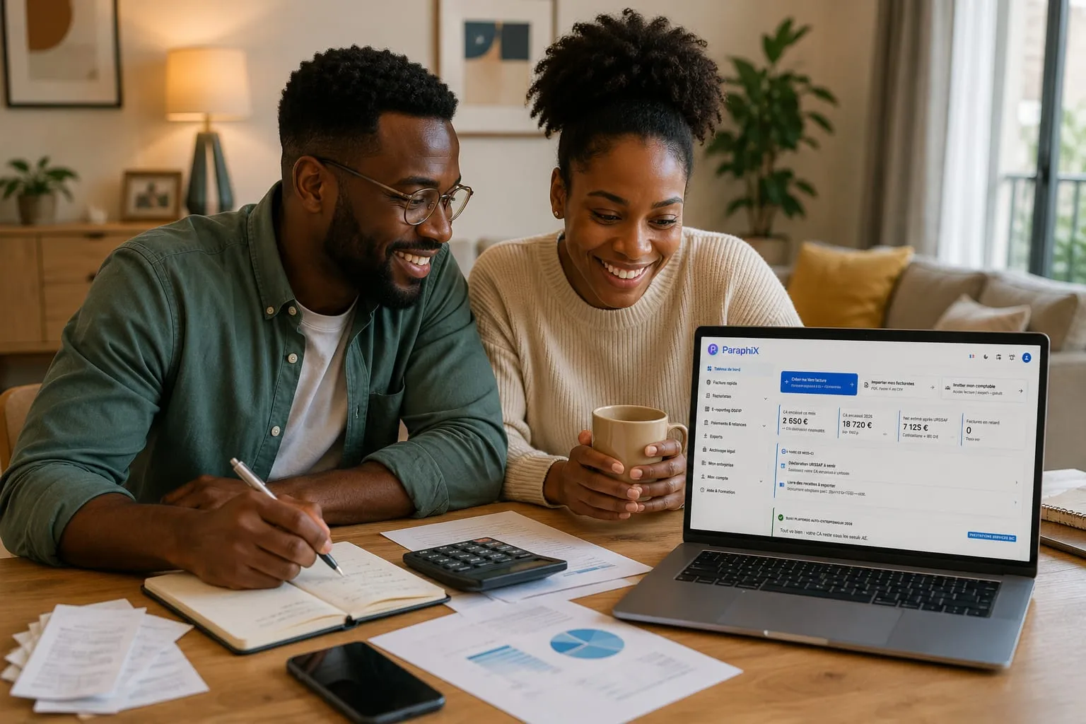 Un couple d’indépendants consulte son tableau de bord ParaphiX