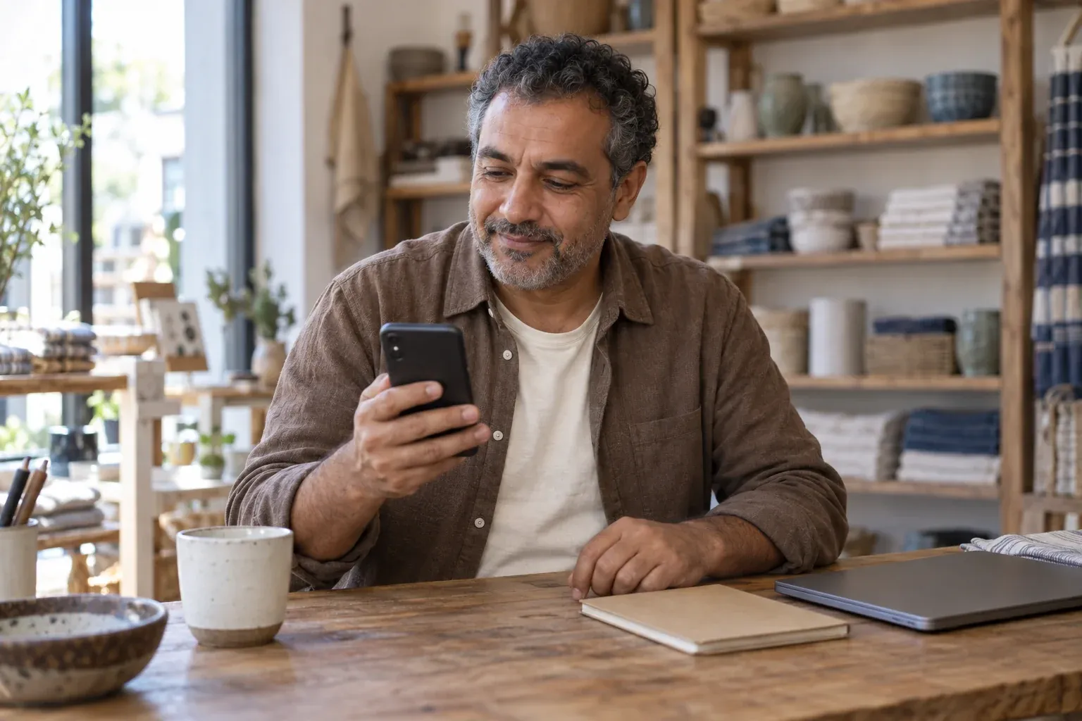 Un commerçant consulte son téléphone à sa table de travail dans sa boutique
